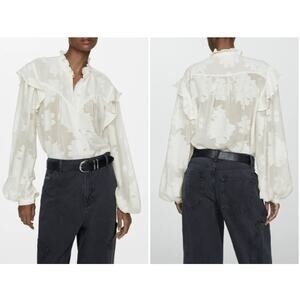 Mango Billowy Cottage Boho Ruffle Embroidered Semisheer Button Up M NWT Cream